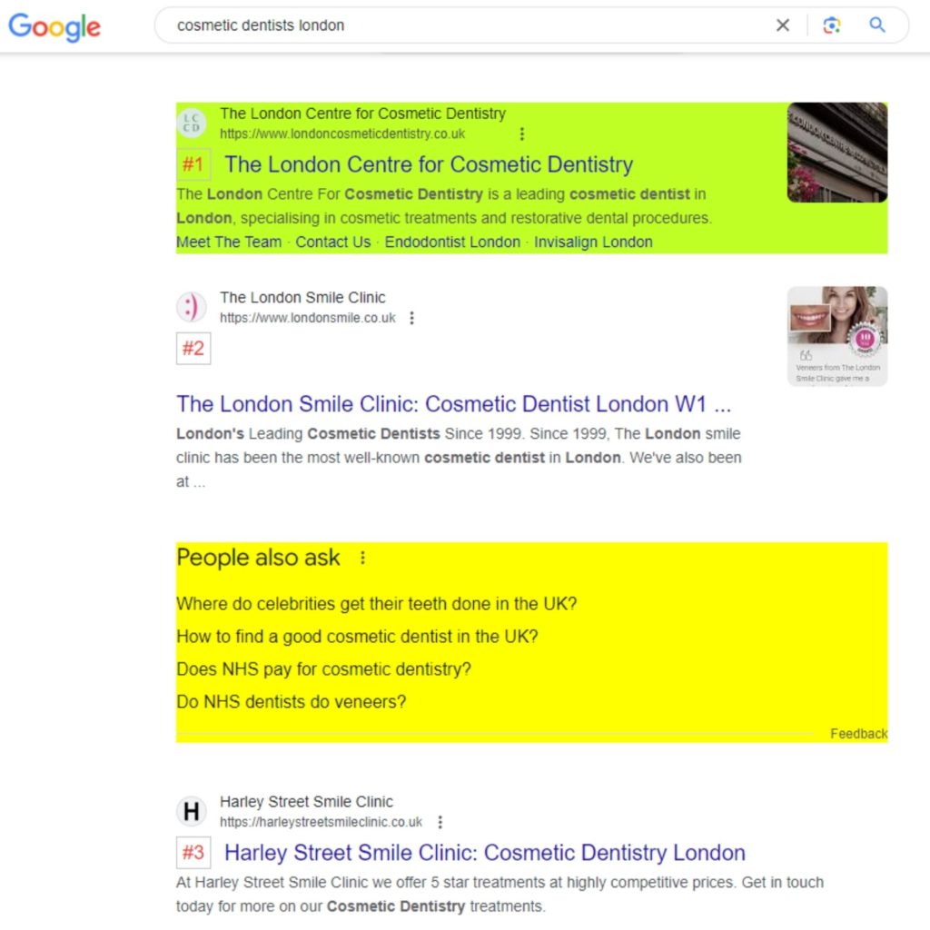 seo result for cosmetic dentist london