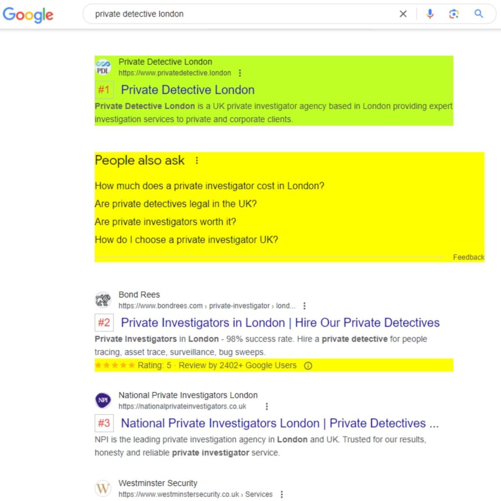 seo result for private detective london