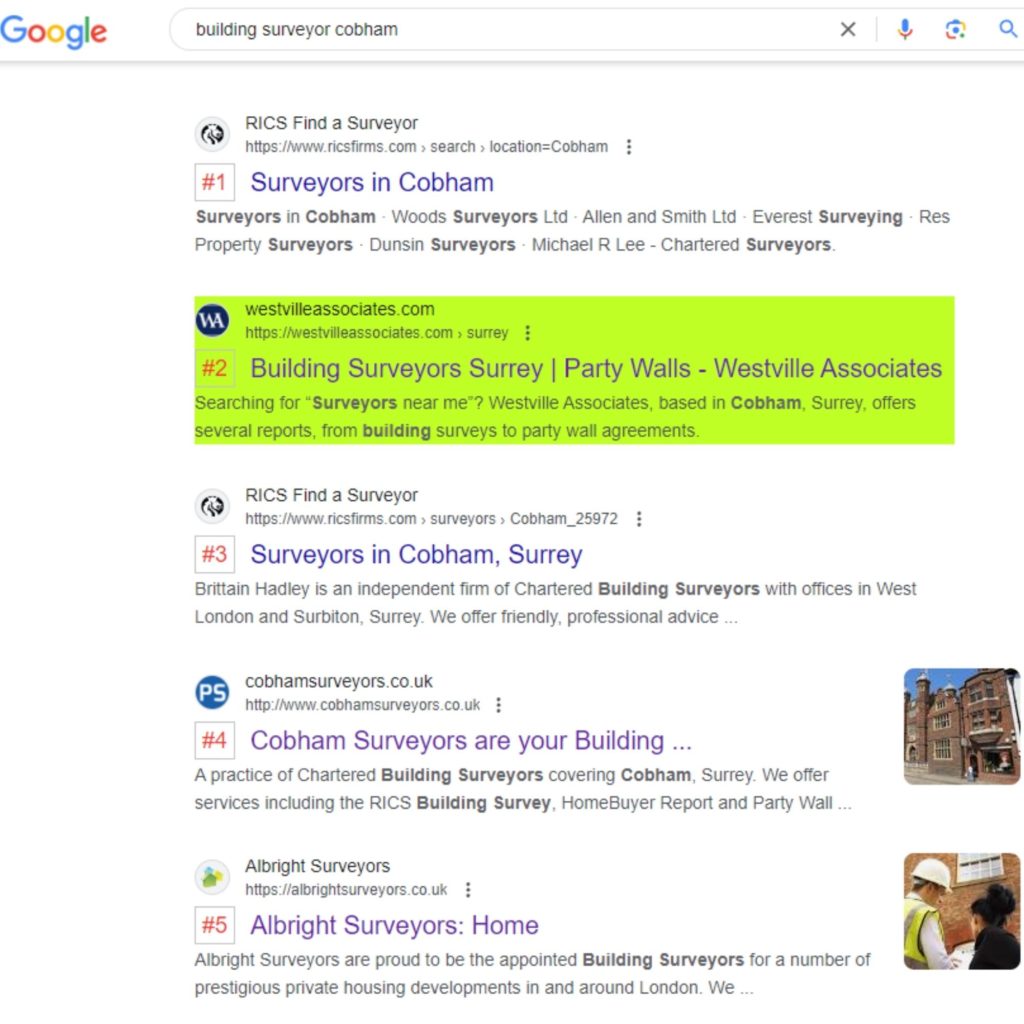 seo result for surveyor surrey